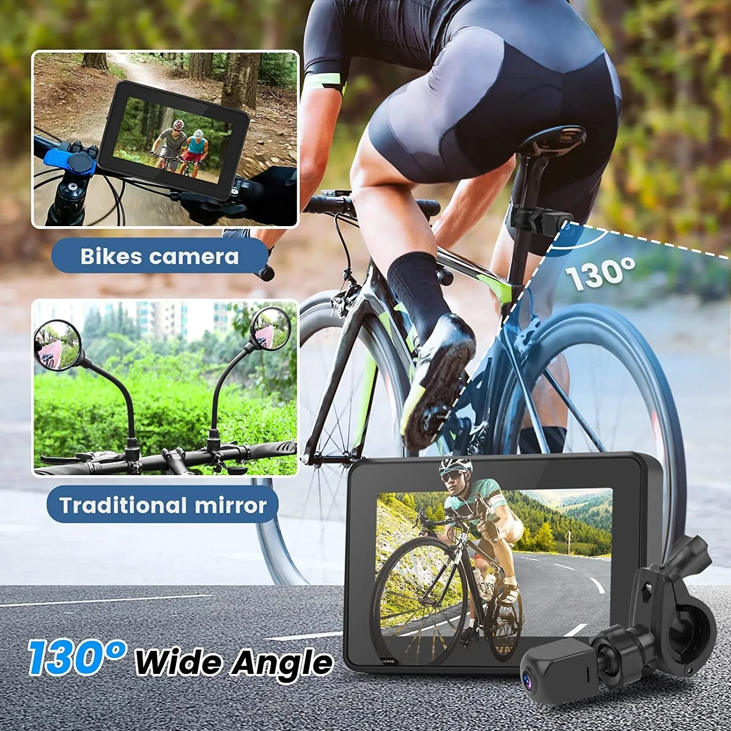 Blueear Bike Bicycle Mirror,1080P Bicycle Rear View Camera with 4.3" Screen,130° Wide Angle Color Night Vision Bikes Camera 360° Adjustable,Bike Accessories for Bicycle, Mountain, Road Bike