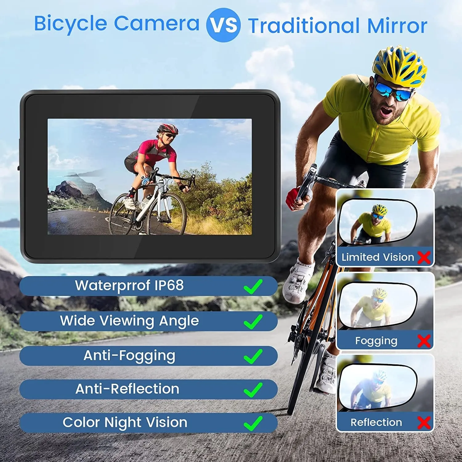 Blueear Bike Bicycle Mirror,1080P Bicycle Rear View Camera with 4.3" Screen,130° Wide Angle Color Night Vision Bikes Camera 360° Adjustable,Bike Accessories for Bicycle, Mountain, Road Bike