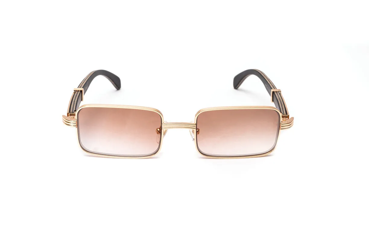 BRIGADE 18KT Rose Gold & Black Wood Rectangular Sunglasses, Gradient Brown Lenses