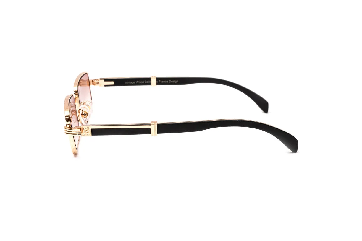 BRIGADE 18KT Rose Gold & Black Wood Rectangular Sunglasses, Gradient Brown Lenses