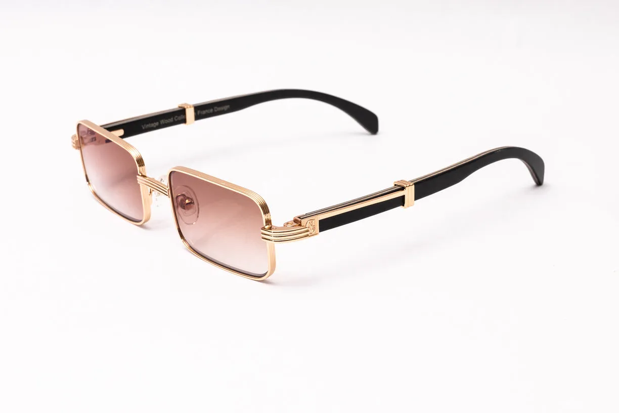 BRIGADE 18KT Rose Gold & Black Wood Rectangular Sunglasses, Gradient Brown Lenses