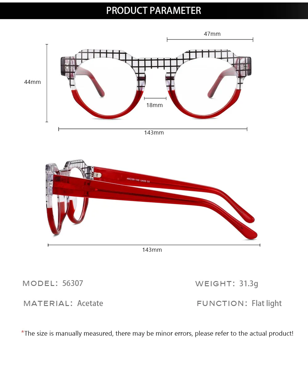 CCspace Unisex Full Rim Flat Top Round Acetate Eyeglasses 56307