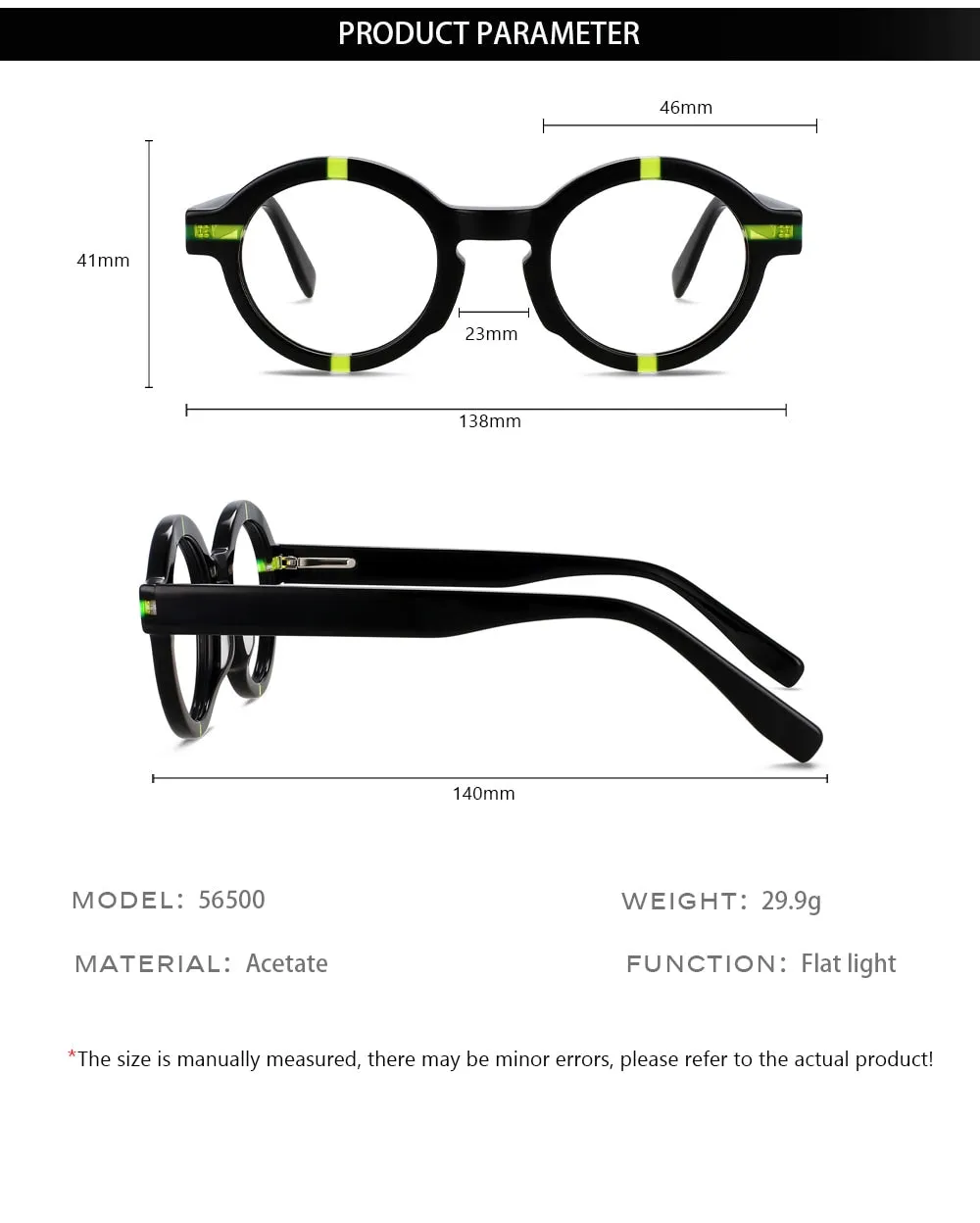 Unisex Full-Rim Round Acetate Eyeglasses - CCspace Model 56500 - Stylish and Durable Frames for Everyday Wear