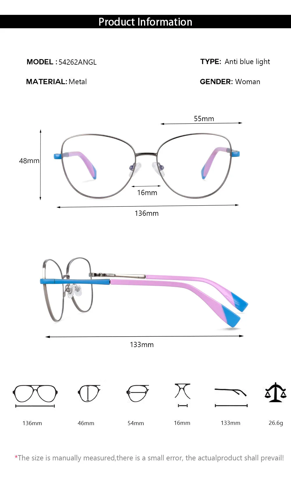 CCspace Unisex Full Rim Square Cat Eye Alloy Frame Eyeglasse 54262