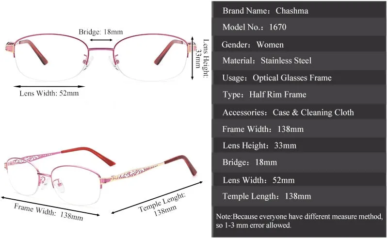 Chashma Ochki Women's Semi Rim Oval Rectangle Stainless Steel Eyeglasses 1970