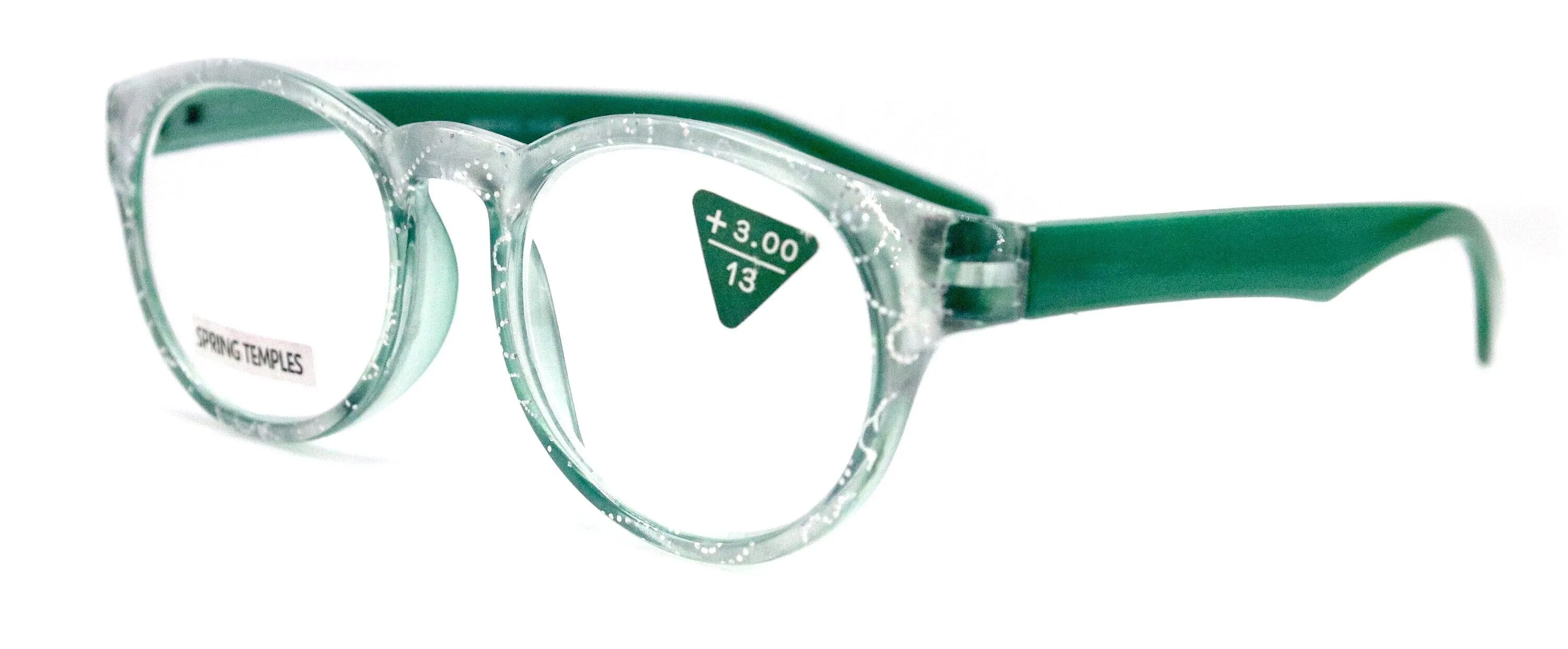 Grace, (Premium) Reading Glasses High End Readers  1.25 .. 3 Magnifying Glasses, Round Frame. (Metallic Silver, Green) NY Fifth Avenue.