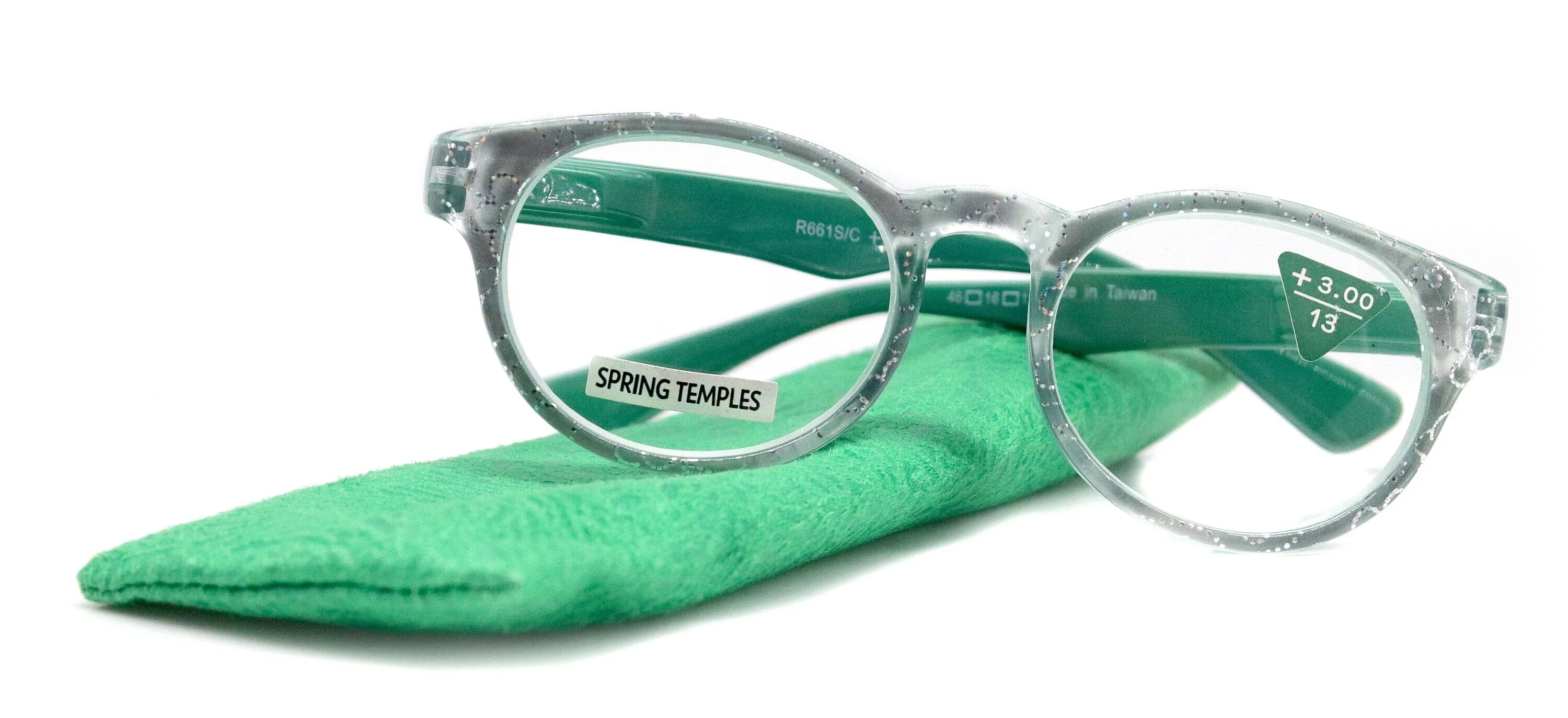 Grace, (Premium) Reading Glasses High End Readers  1.25 .. 3 Magnifying Glasses, Round Frame. (Metallic Silver, Green) NY Fifth Avenue.