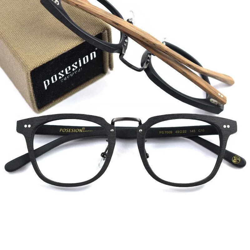 Hdcrafter Men's Full Rim Square Round Wood Alloy Acetate Frame Eyeglasses Ps7009