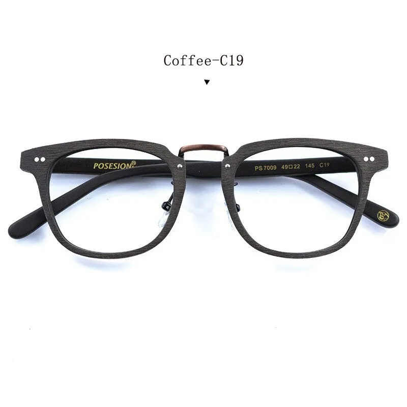 Hdcrafter Men's Full Rim Square Round Wood Alloy Acetate Frame Eyeglasses Ps7009