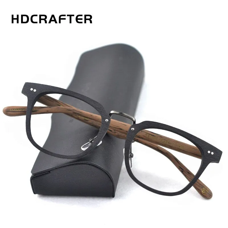 Hdcrafter Men's Full Rim Square Round Wood Alloy Acetate Frame Eyeglasses Ps7009