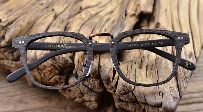 Hdcrafter Men's Full Rim Square Round Wood Alloy Acetate Frame Eyeglasses Ps7009