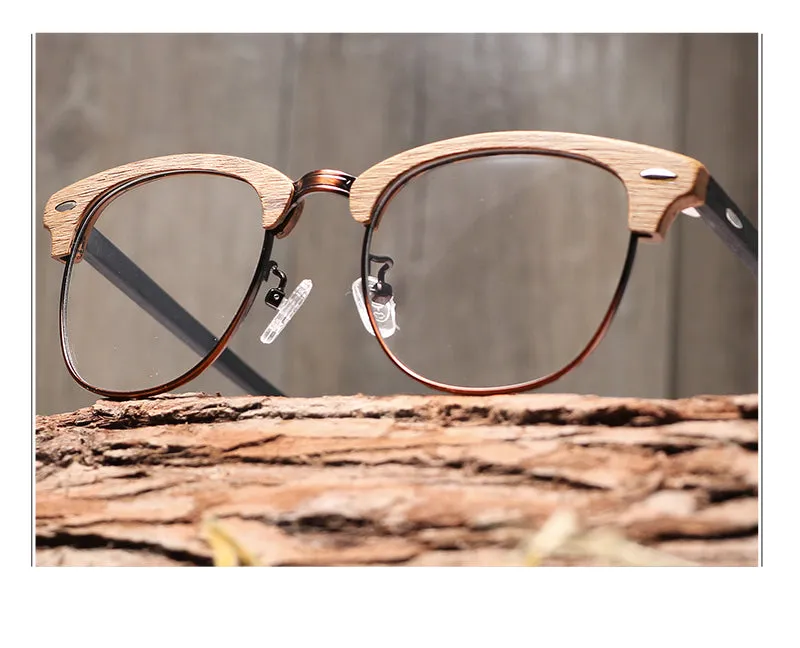 Hdcrafter Unisex Full Rim Round Half Wood Metal Frame Eyeglasses