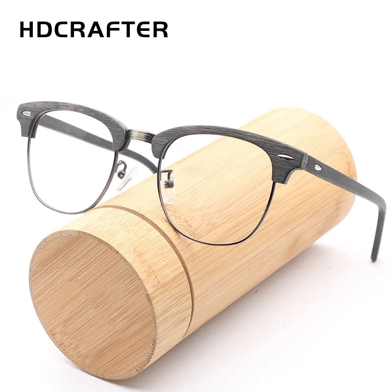 Hdcrafter Unisex Full Rim Round Half Wood Metal Frame Eyeglasses