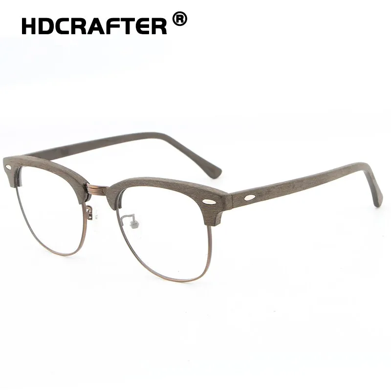 Hdcrafter Unisex Full Rim Round Half Wood Metal Frame Eyeglasses