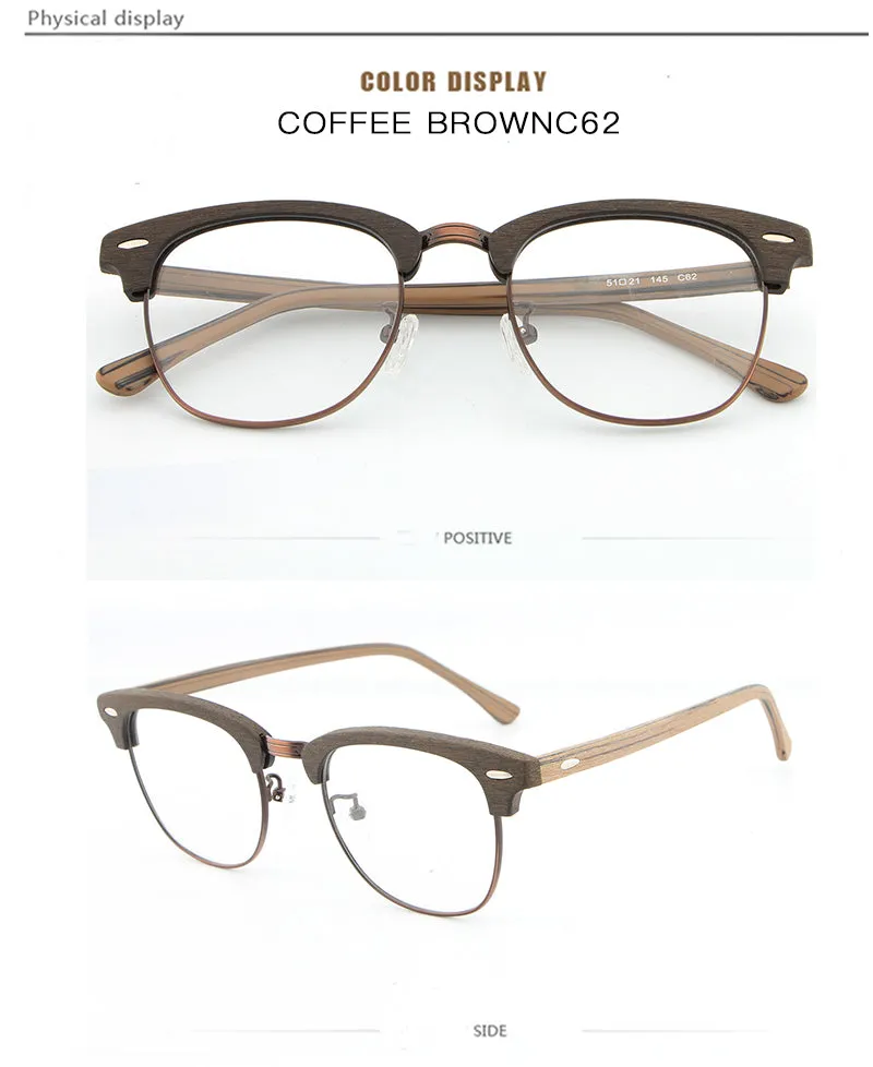 Hdcrafter Unisex Full Rim Round Half Wood Metal Frame Eyeglasses