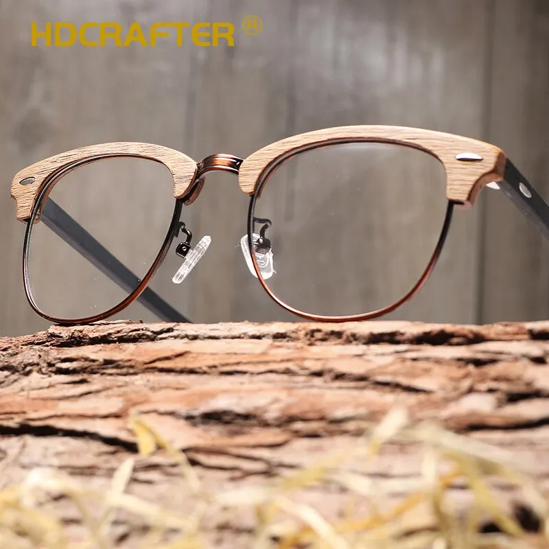 Hdcrafter Unisex Full Rim Round Half Wood Metal Frame Eyeglasses