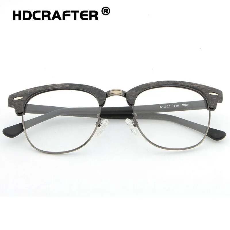 Hdcrafter Unisex Full Rim Round Half Wood Metal Frame Eyeglasses