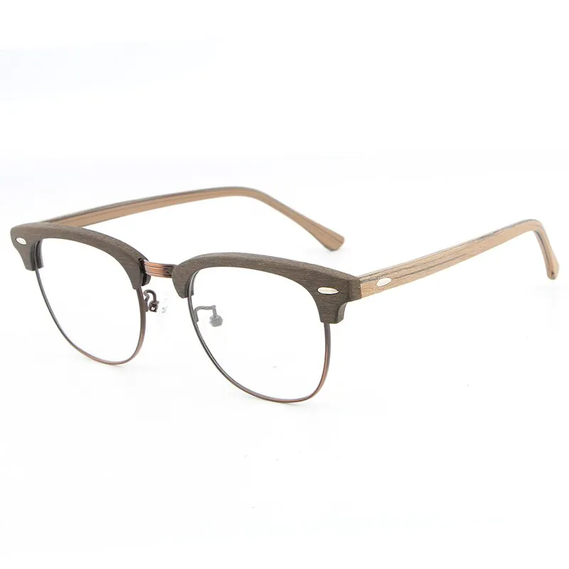 Hdcrafter Unisex Full Rim Round Half Wood Metal Frame Eyeglasses