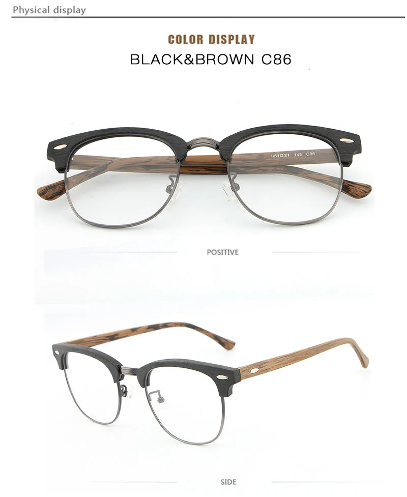 Hdcrafter Unisex Full Rim Round Half Wood Metal Frame Eyeglasses