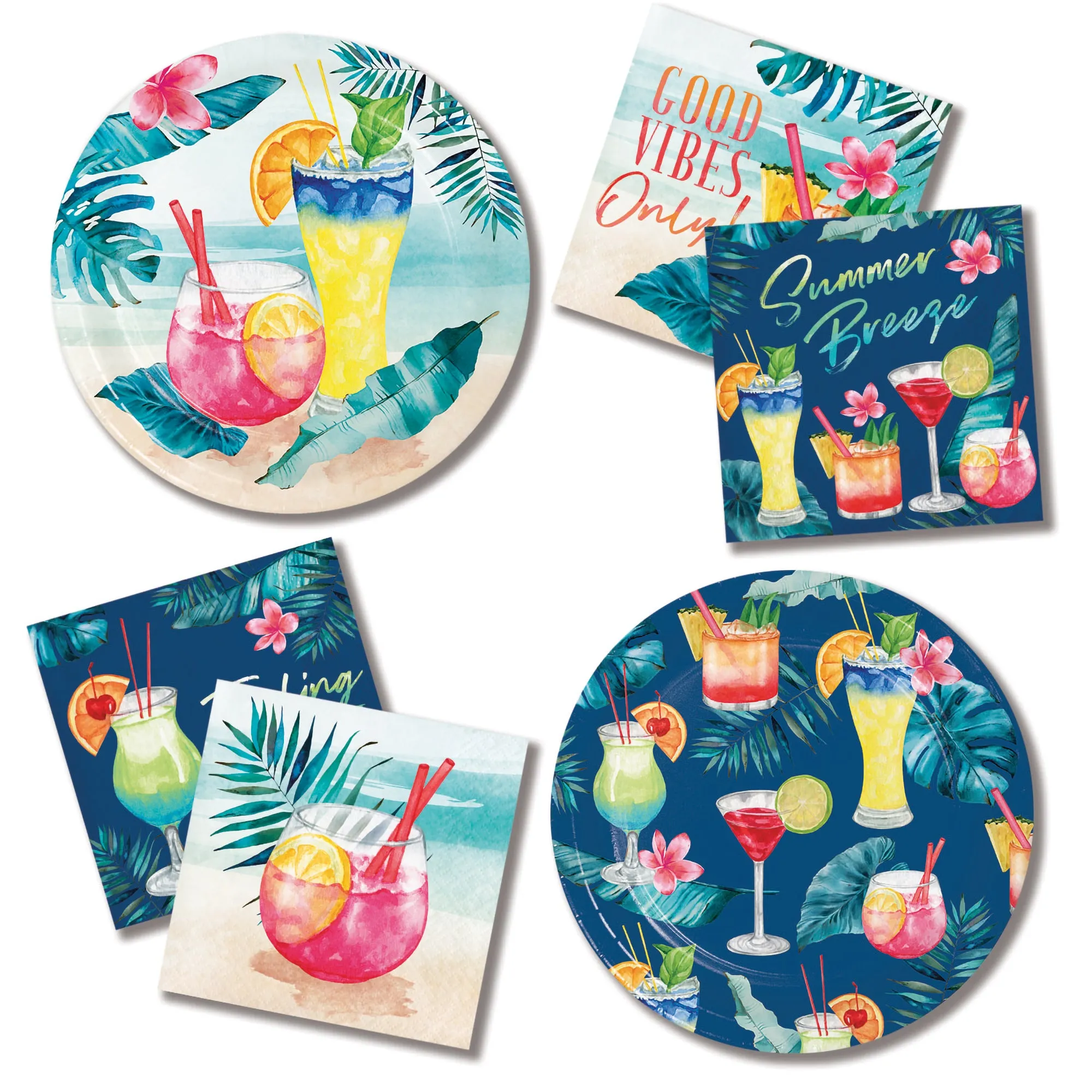 Summer Breeze Cocktail Party Palm Paper Dessert Plates, Beverage Napkins, and Forks (16 Plates, Napkins, & Forks)