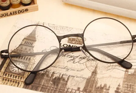 Women Vintage Glasses Frame Plain Mirror Big Round Metal Optical Frame For Girl Eyeglass Clear Lens oculos feminino de grau AL-2